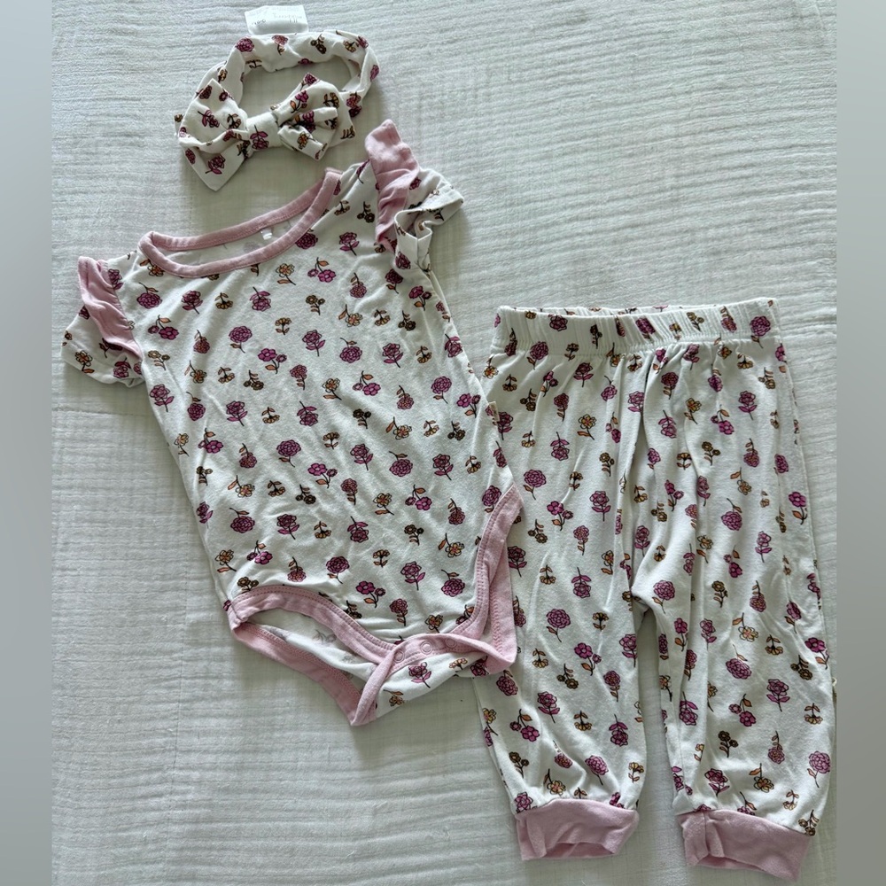 Milkberry Bamboo Cream Floral 3 Piece Outfit Set 6-9M Matching Bow Headband